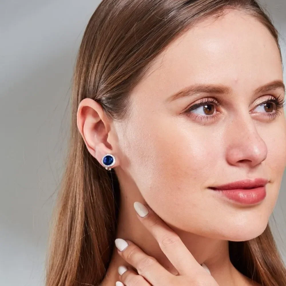 Yellow Gold with Ruby Red and Diamond Cubic Zirconia Round Stud Clip On Earrings